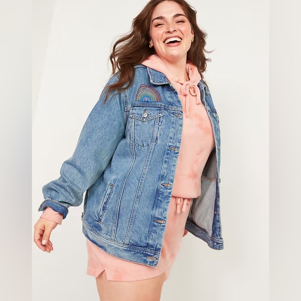 Old Navy Rainbow Embroidered Boyfriend Denim Jacket- Size XL